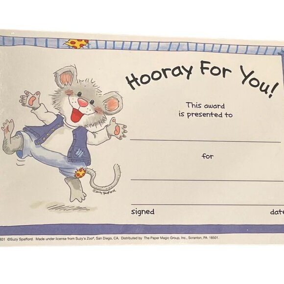 NEW!! Suzy's Zoo Award Certificates ~ Hoorah for You! 8.5”x5.5” ~ for Students - Picture 1 of 4